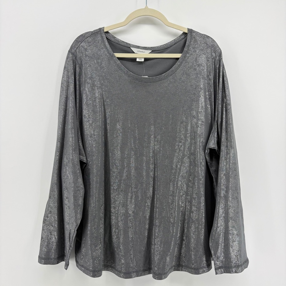 CJ Banks Womens 2X Gray Metallic Long Sleeve Top Shirt Shimmer